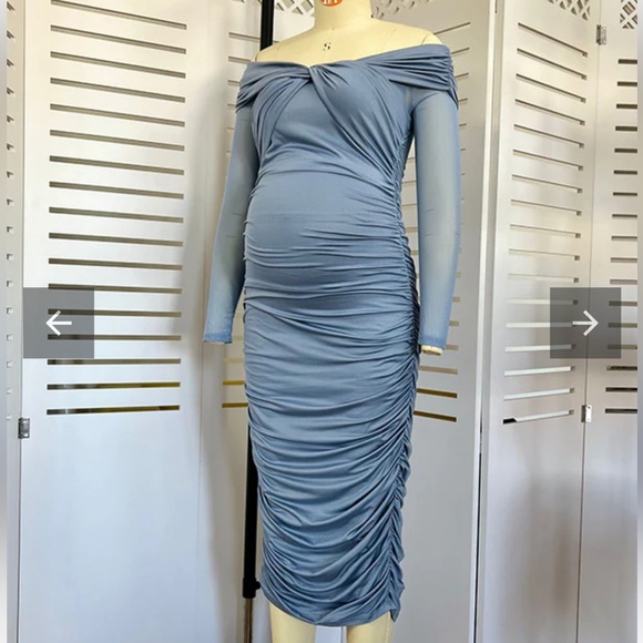 Blue Ruched Off Shoulder Bodycon Elegant Maternity MIDI Dress - Picture 2 of 3